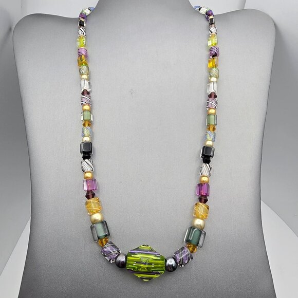Handcrafted Multicolored Italian Furnace Glass Bead Necklace Sterling Clasp - Picture 1 of 13